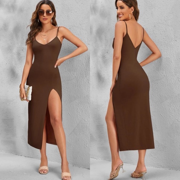 Double V neck cami strap maxi dress high slit black - Picture 3 of 3